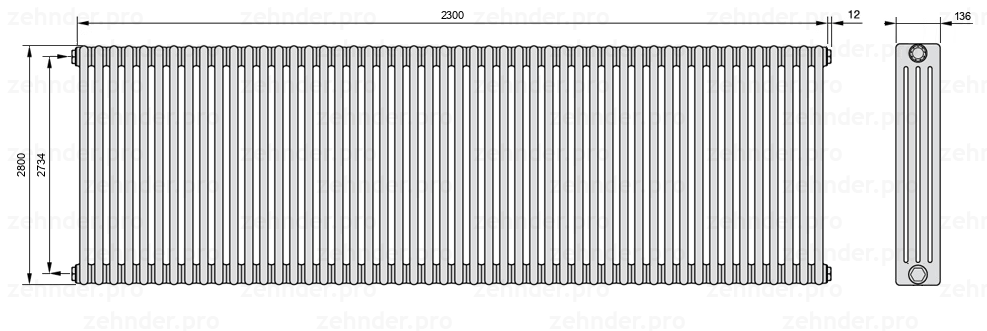 Схема (чертеж) Радиатор Zehnder Charleston 4280/50 №1270 Белый глянцевый RAL 9016